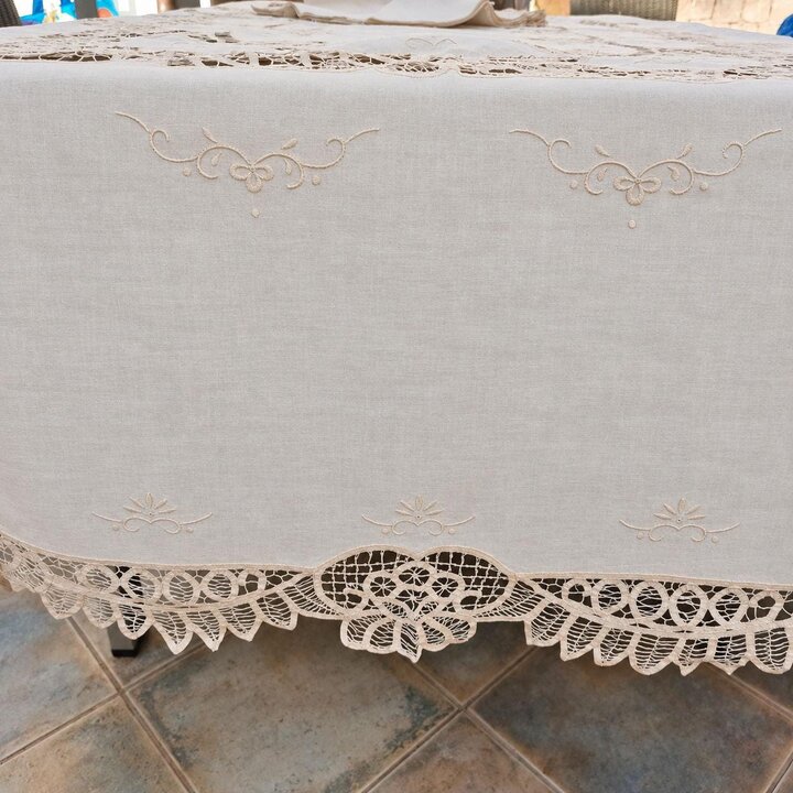Mantel de Encaje Battenberg y 12 Servilletas, Juego de Mesa de Algodon Hecho a Mano, Encaje de Cinta Renacimiento, 170x240cm, An