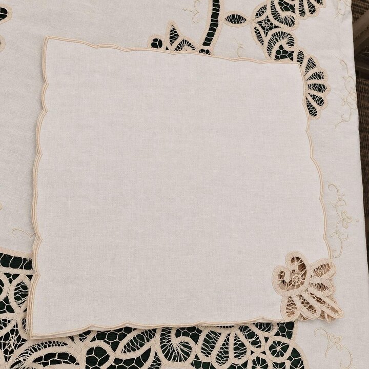 Battenberg Kant Tafelkleed en 12 Servetten Set, Handgemaakte Renaissance Bandkant van Katoen, Ecru, 170x240cm, Jaren 50 Ongebrui