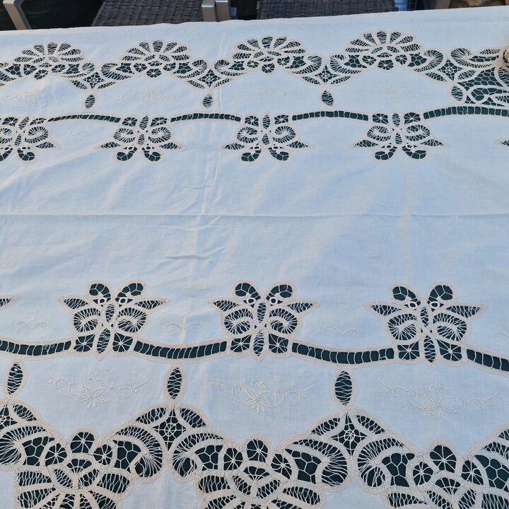 Nappe en Dentelle de Battenberg et 12 Serviettes, Set de Table en Coton Fait Main, Dentelle de Renaissance, 170x240cm, Annees 19