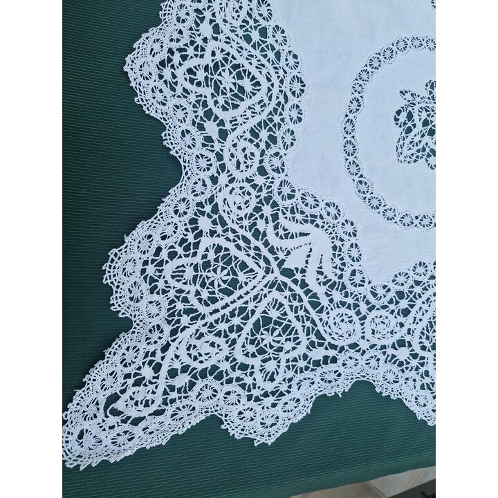 Antiek Linnen Huwelijkslaken Bedsprei Handgemaakte Kanten Monogram MG Begin 20e Eeuw Witte Coverlet Historisch Textiel Beddengoe