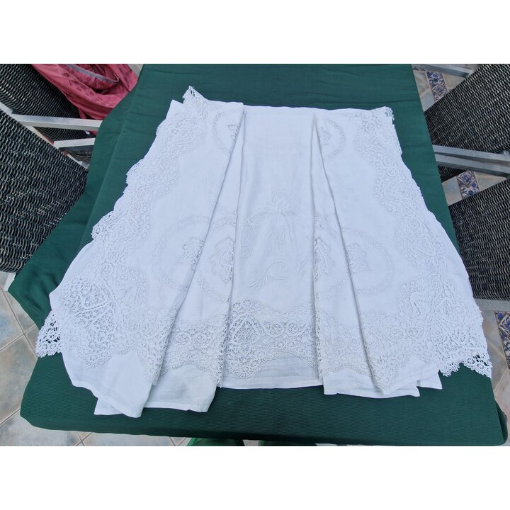 Antiek Linnen Huwelijkslaken Bedsprei Handgemaakte Kanten Monogram MG Begin 20e Eeuw Witte Coverlet Historisch Textiel Beddengoe
