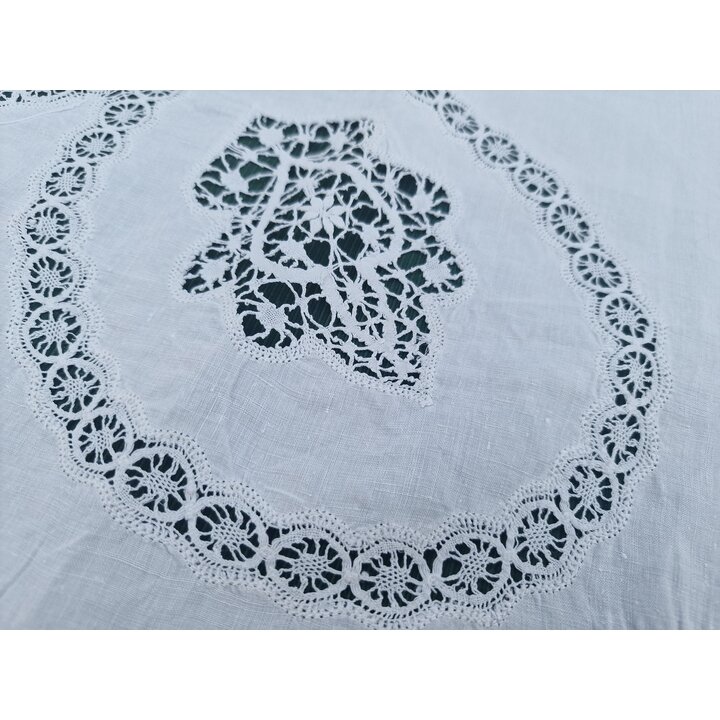 Drap de Mariage Ancien Lin Dentelle aux Fuseaux Main Monogramme MG Début 20e Siècle Couvre Lit Blanc Historique 240x280 cm