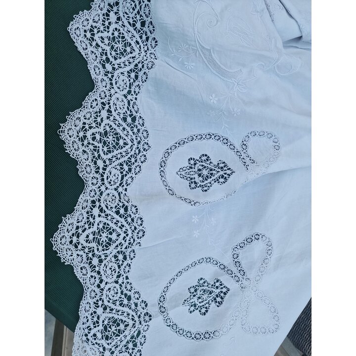 Antique Linen Wedding Sheet Bedspread Hand Bobbin Lace Monogram MG Early 20th Century White Coverlet Luxury Historic Bedding 240