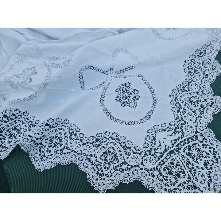 Antiek Linnen Huwelijkslaken Bedsprei Handgemaakte Kanten Monogram MG Begin 20e Eeuw Witte Coverlet Historisch Textiel Beddengoe