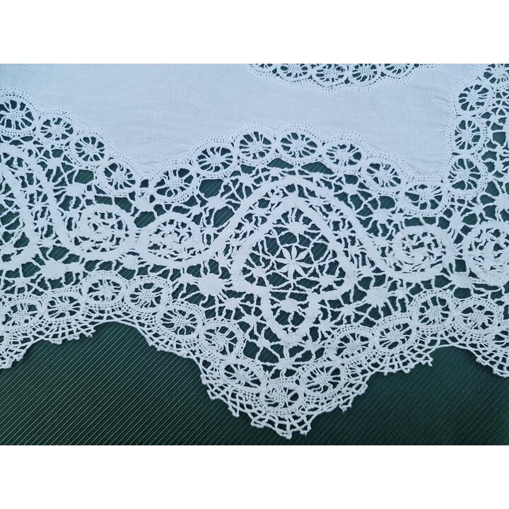 Antique Linen Wedding Sheet Bedspread Hand Bobbin Lace Monogram MG Early 20th Century White Coverlet Luxury Historic Bedding 240