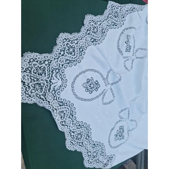 Antique Linen Wedding Sheet Bedspread Hand Bobbin Lace Monogram MG Early 20th Century White Coverlet Luxury Historic Bedding 240