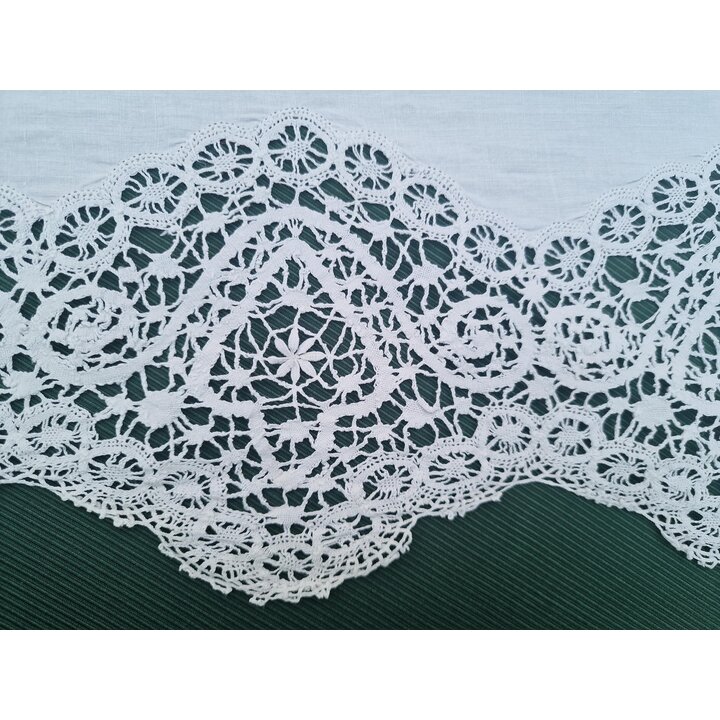 Antikes Leinen Bettlaken Hochzeitslaken Handgeklöppelte Spitze Monogramm MG Anfang 20 Jhd Weißer Tagesdecke Historisches Textil 