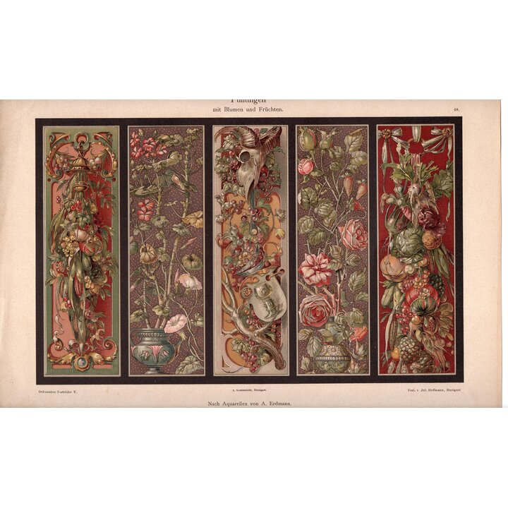 Cromolitografía Original 1894 Paneles Florales y Frutas de A Erdmann - Dekorative Vorbilder Lámina 48