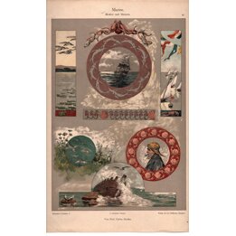 1893 Carlos Grethe Cromolitografia Marina - Tavola 42 da Dekorative Vorbilder - Antica Stampa Nautica Tedesca