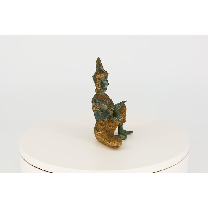 Escultura de Músico Tailandés en Bronce y Oro, Figura Vintage de Címbalos