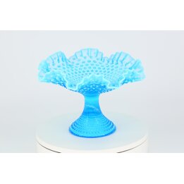 Fruteira de pedestal Fenton Hobnail em vidro opalescente azul de 1950, fruteira com borda ondulada para centro de mesa elegante 