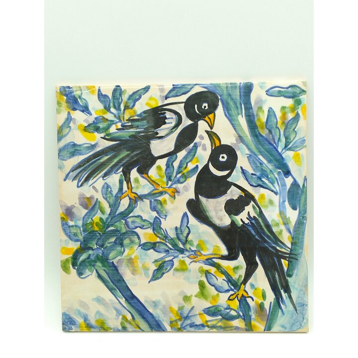 Azulejo português pintado à mão com motivo de pega-rabuda, Portugal, década de 1960