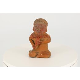 Keramiek Beeldje Replica Precolombiaans Ecuador, Terracotta Sculptuur Zittende Muzikant Fluit, Vintage Jaren 60 Kantoor Kabinet 