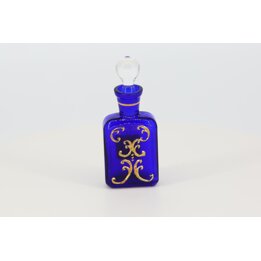 Ręcznie Dmuchany Flakon na Perfumy, Kryształowa Buteleczka Vintage, B. Fucik Vcelnicka, Kobalt i Złota Emalia, Korek, Czechy 199