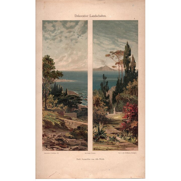 1890er Albert Wirth Antike Chromolithographie Dekorative Landschaften Julius Hoffmann Stuttgart