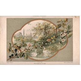 1892 Decorative Landscape Chromolithograph by J B Engl - Antique Swan and Floral Print from Dekorative Vorbilder Stuttgart