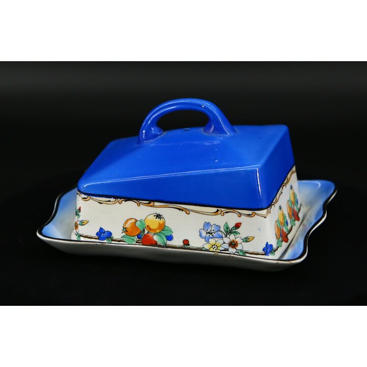 Mantequillera Antigua Staffordshire, Plato Queso Cubierto, Vajilla Cerámica Azul Cobalto y Blanco Victoriano, Inglaterra Siglo X