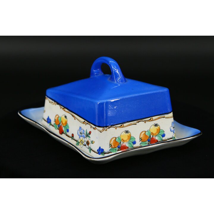 Mantequillera Antigua Staffordshire, Plato Queso Cubierto, Vajilla Cerámica Azul Cobalto y Blanco Victoriano, Inglaterra Siglo X
