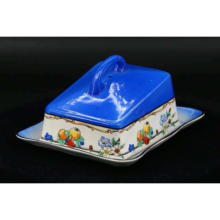 Антикварная масленка Staffordshire, сырное блюдо с крышкой, кобальтовая викторианская керамика, Англия 19 век, 20см