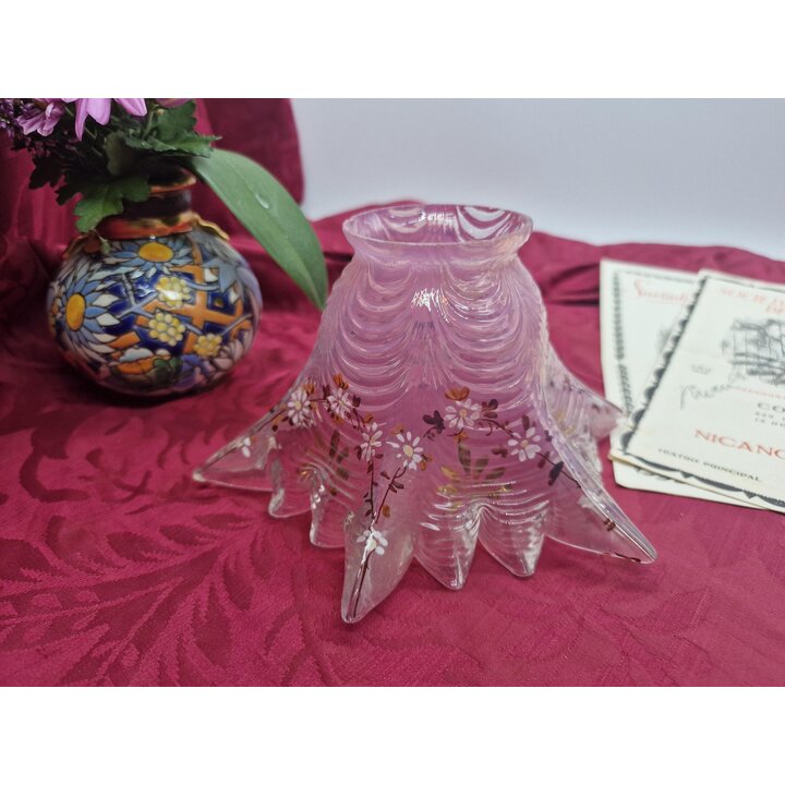 Tulipa de Vidro Art Deco, Abajur de Vidro Rosa, Globo Ondulado, Vidro de Reposicao Pintado a Mao com Flores para Lustre Arandela