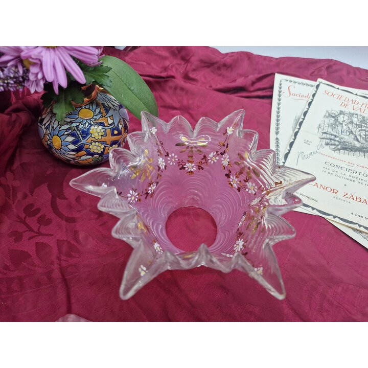 Art Deco Glas Lampenschirm, Rosa Tulpen Lampenschirm, Gewellter Glasschirm, Handbemalter Ersatzschirm mit Blumen fuer Kronleucht