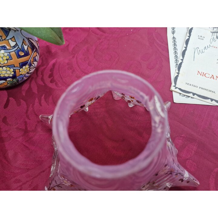 Tulipa de Vidro Art Deco, Abajur de Vidro Rosa, Globo Ondulado, Vidro de Reposicao Pintado a Mao com Flores para Lustre Arandela
