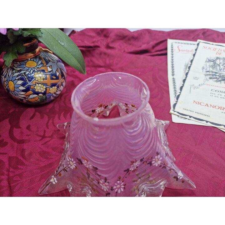 Tulipa de Vidro Art Deco, Abajur de Vidro Rosa, Globo Ondulado, Vidro de Reposicao Pintado a Mao com Flores para Lustre Arandela