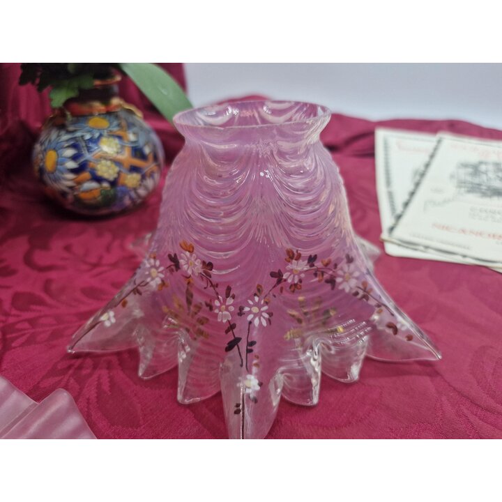 Tulipa de Vidro Art Deco, Abajur de Vidro Rosa, Globo Ondulado, Vidro de Reposicao Pintado a Mao com Flores para Lustre Arandela
