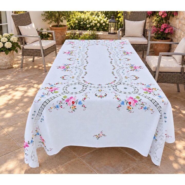 Nappe Vintage Brodée Main avec 12 Serviettes, Point de Croix et Dentelle, Service de Table Coton Lin, Années 1950