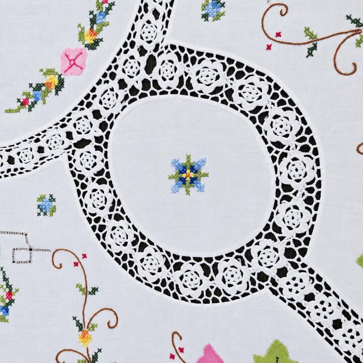 Винтажная скатерть ручной работы с 12 салфетками, вышивка крестом и кружево, лен и хлопок, 1950 годы