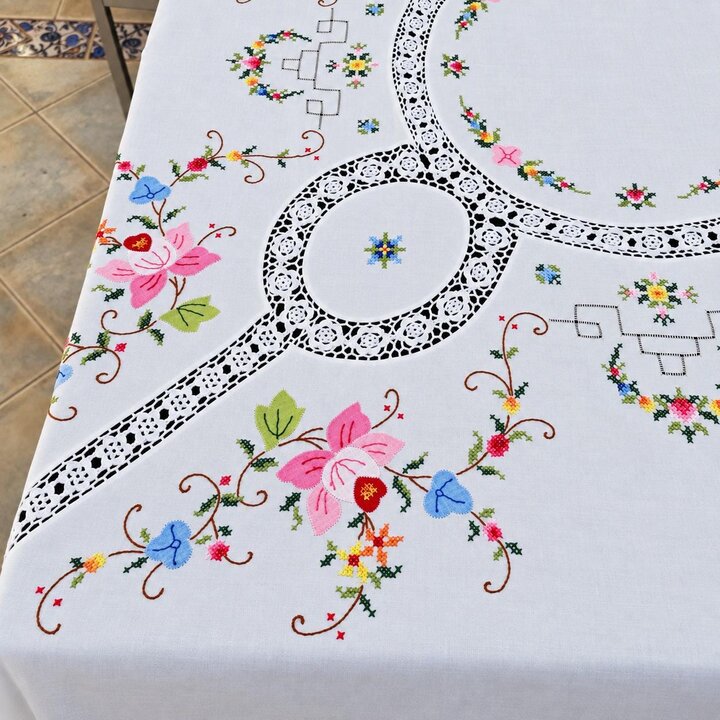 Vintage Hand Embroidered Tablecloth with 12 Napkins, Floral Cross Stitch and Lace Insert, Cotton Linen Table Cover Set, 1950s