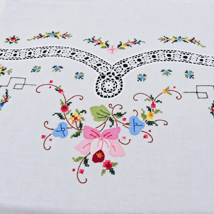 Nappe Vintage Brodée Main avec 12 Serviettes, Point de Croix et Dentelle, Service de Table Coton Lin, Années 1950