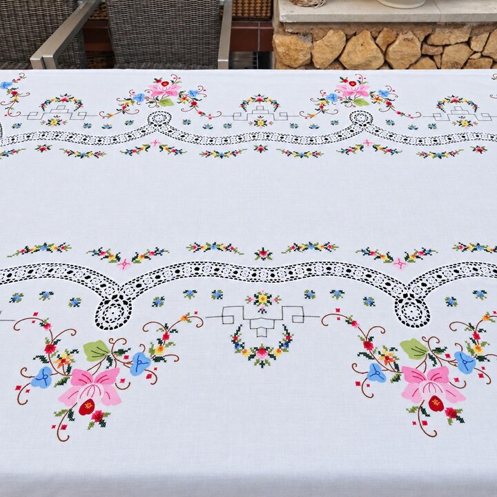 Nappe Vintage Brodée Main avec 12 Serviettes, Point de Croix et Dentelle, Service de Table Coton Lin, Années 1950