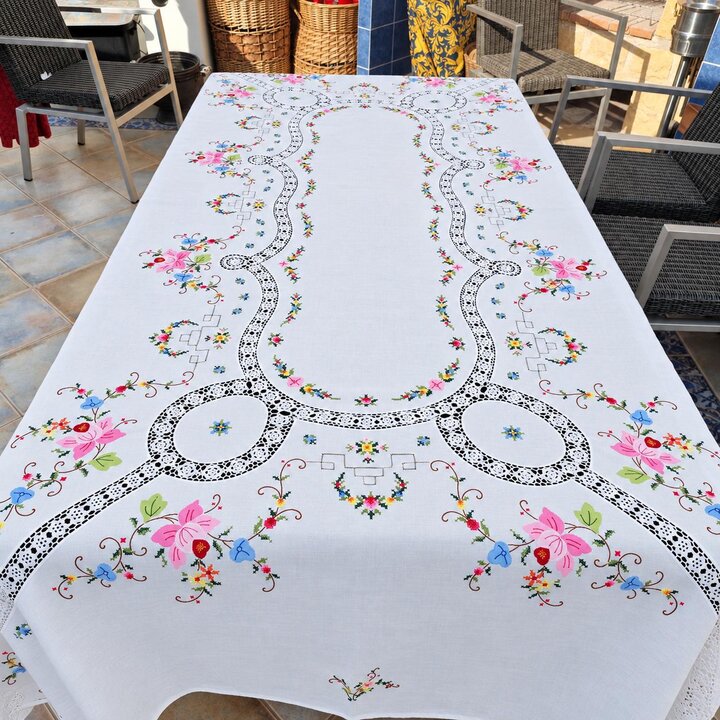 Nappe Vintage Brodée Main avec 12 Serviettes, Point de Croix et Dentelle, Service de Table Coton Lin, Années 1950