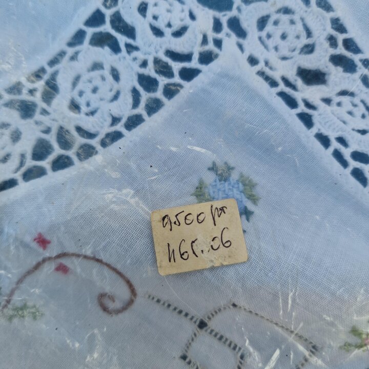 ヴィンテージ 手刺繍 テーブルクロス & ナプキン12枚セット クロスステッチ レースインサート コットンリネン 1950年代