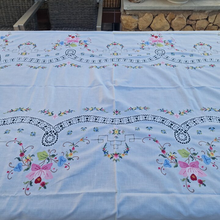 Nappe Vintage Brodée Main avec 12 Serviettes, Point de Croix et Dentelle, Service de Table Coton Lin, Années 1950