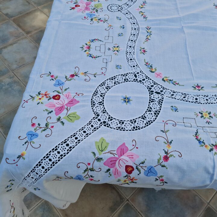 ヴィンテージ 手刺繍 テーブルクロス & ナプキン12枚セット クロスステッチ レースインサート コットンリネン 1950年代