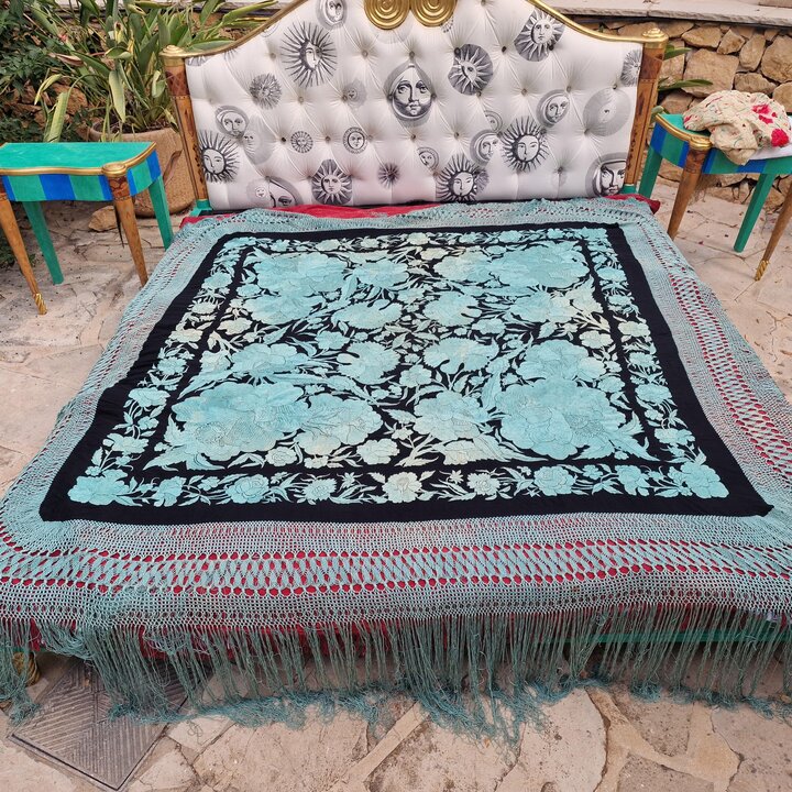 Antique Manila Shawl, Silk Wrap and Spanish Mantoncillo, 19th Century, Hand Embroidered Double Sided, Macrame Fringes, Wedding S