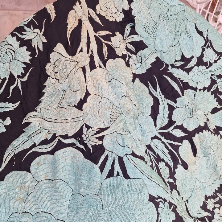 Antique Manila Shawl, Silk Wrap and Spanish Mantoncillo, 19th Century, Hand Embroidered Double Sided, Macrame Fringes, Wedding S