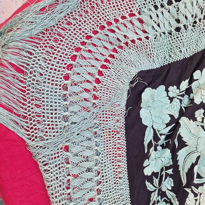 Antique Manila Shawl, Silk Wrap and Spanish Mantoncillo, 19th Century, Hand Embroidered Double Sided, Macrame Fringes, Wedding S
