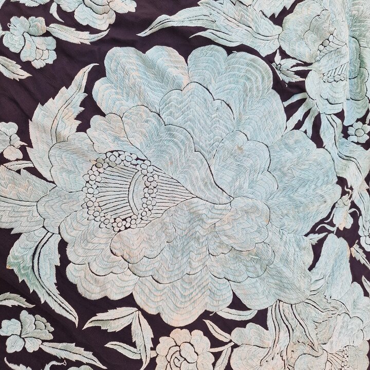 Antique Manila Shawl, Silk Wrap and Spanish Mantoncillo, 19th Century, Hand Embroidered Double Sided, Macrame Fringes, Wedding S