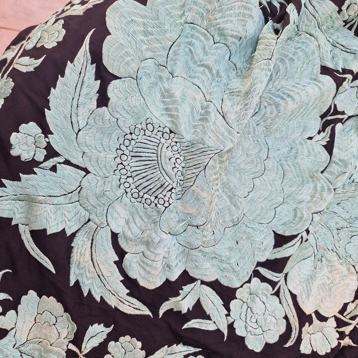 Antique Manila Shawl, Silk Wrap and Spanish Mantoncillo, 19th Century, Hand Embroidered Double Sided, Macrame Fringes, Wedding S
