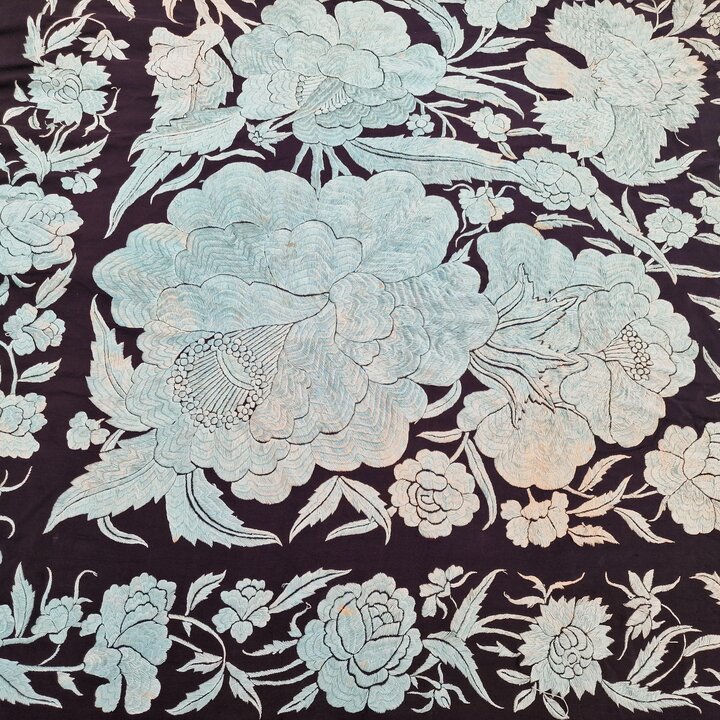 Antique Manila Shawl, Silk Wrap and Spanish Mantoncillo, 19th Century, Hand Embroidered Double Sided, Macrame Fringes, Wedding S