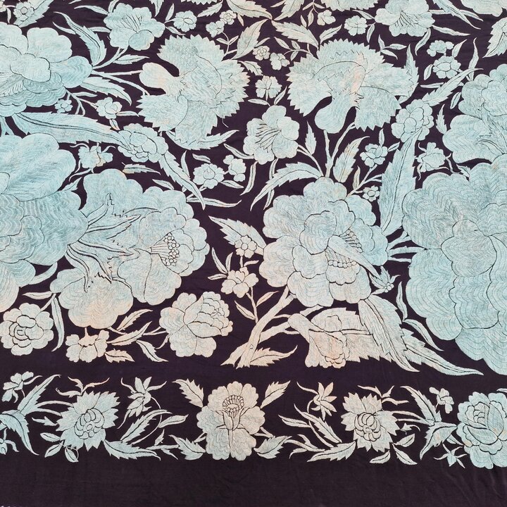 Antique Manila Shawl, Silk Wrap and Spanish Mantoncillo, 19th Century, Hand Embroidered Double Sided, Macrame Fringes, Wedding S