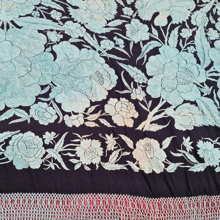 Antique Manila Shawl, Silk Wrap and Spanish Mantoncillo, 19th Century, Hand Embroidered Double Sided, Macrame Fringes, Wedding S