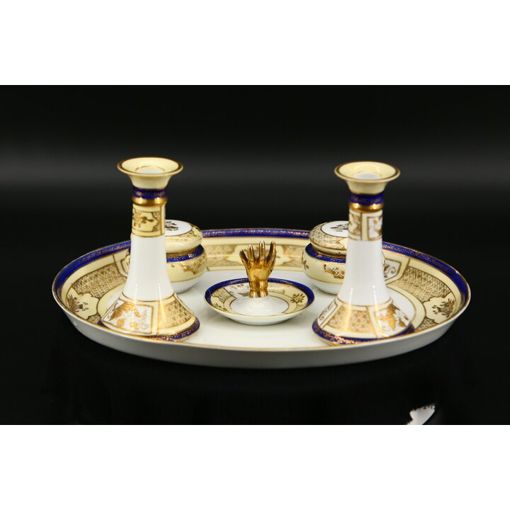 Conjunto de Toucador Noritake em Porcelana, 6 Peças, Japão - Azul e Ouro