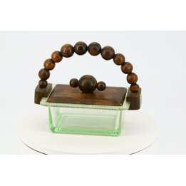 Beurrier Art Déco en Verre d'Uranium et Bois Sculpté - 1930