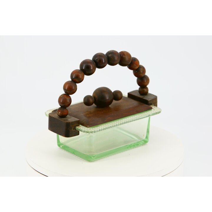 アールデコ ウランガラスと手彫り木製のバターケース - 1930年