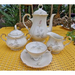 Koffieservies Solitaire Edelstein Bavaria - Vintage Duits Porselein Tete-a-Tete Set met Goudrand en Bloemen, 5-Delig Servies 197