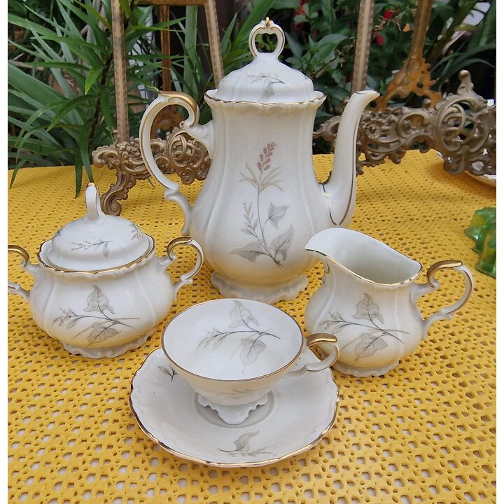 エーデルシュタイン ババリア ソリティア コーヒーセット - 1970年代 ドイツ製 ヴィンテージ 高級磁器 金彩 花柄 カップ ソーサー ティーポット ミニ食器 5点セット